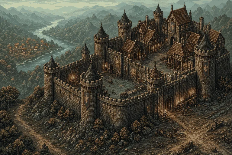 Muralha de cidade fortificada em tons de cinza
