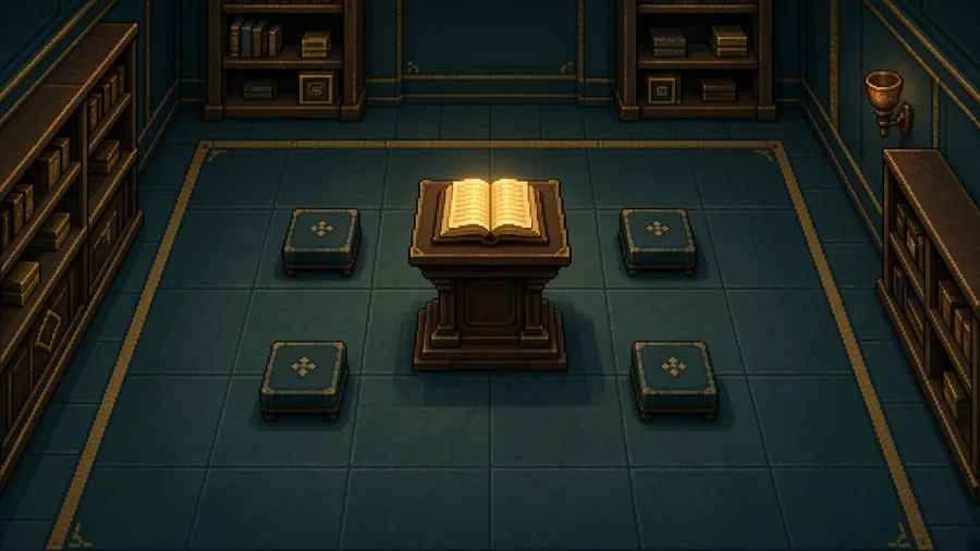Sala escura com um livro aberto sobre um pedestal